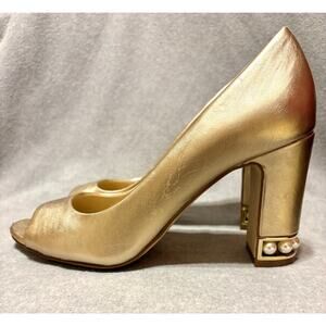 Vintage Karl Lagerfeld Paris Size 7.5 Leather Peep Toe Pearls Metallic Heels